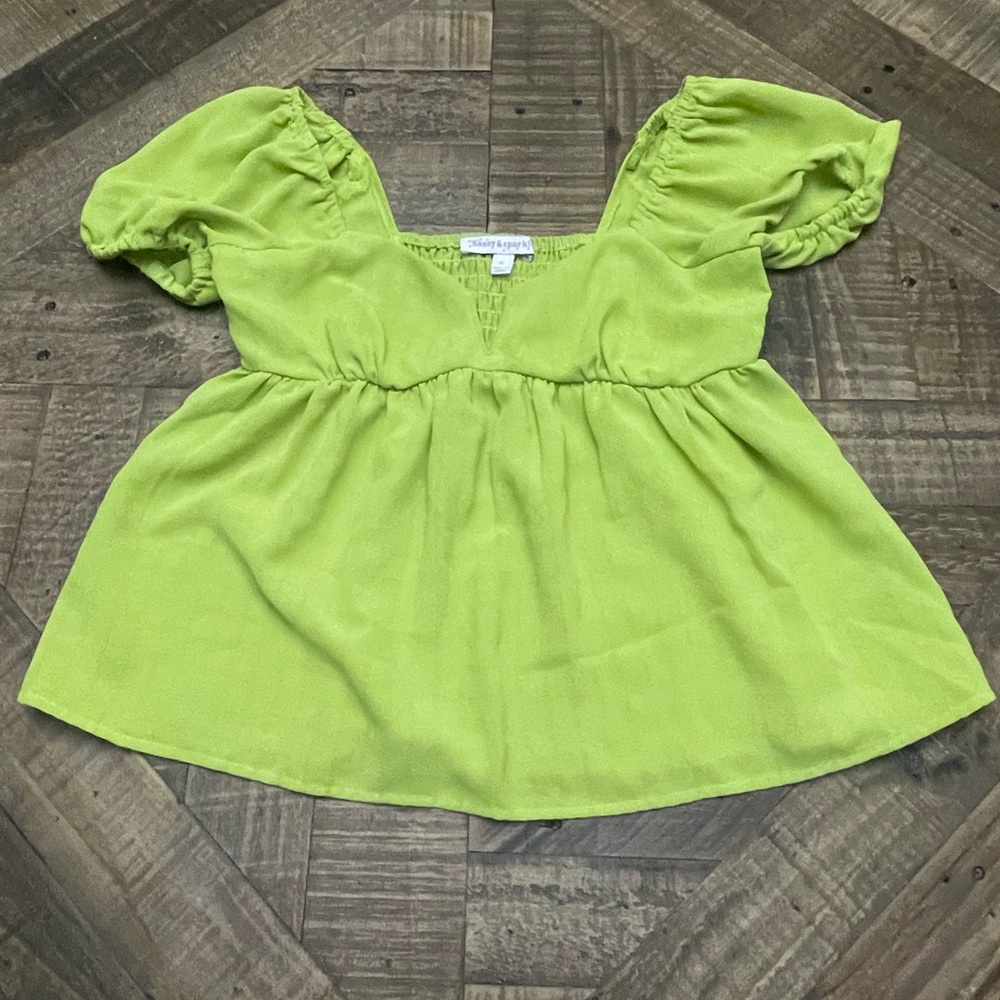 Honey & Sparkle top with babydoll smocked back, v-neckline & puff sleeves